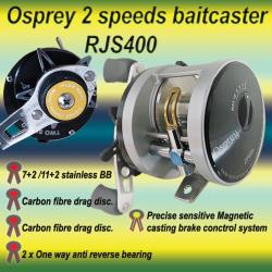 Osprey 2 speeds baitcasting reels. Baitcasting reels with dual one way bearing.